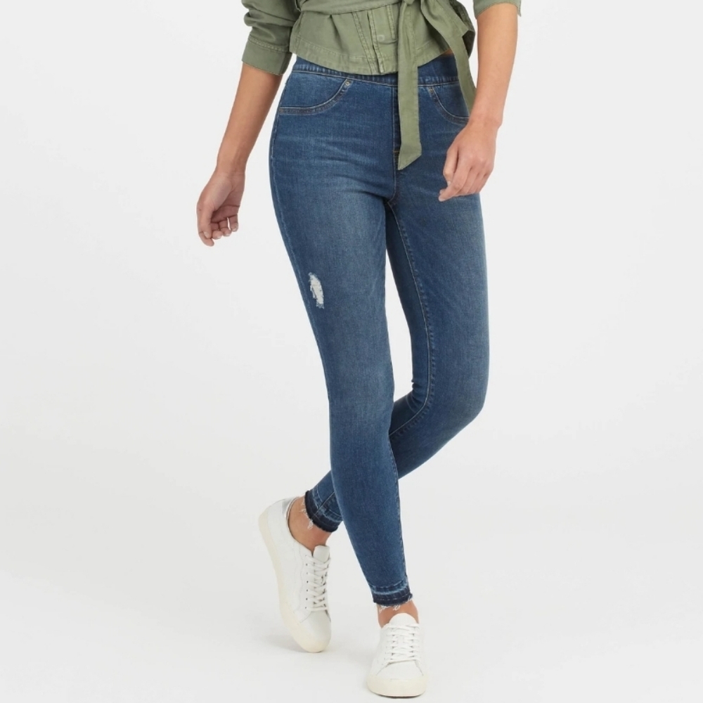 Spanx distressed medium wash skinny jeans